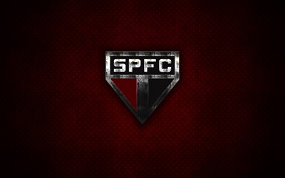 El Sao Paulo FC, 4k, logo de metal, arte creativo, Brasile&#241;a de f&#250;tbol del club, con el emblema de metal rojo de fondo, Sao Paulo, Brasil, el f&#250;tbol