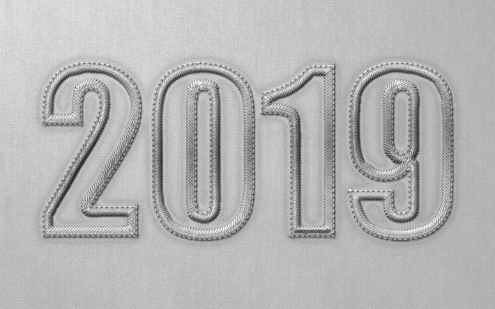 2019 year, embroidery, creative, gray fabric, 2019 concepts, Happy New Year 2019, gray background