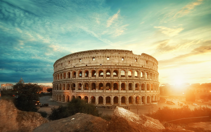 Colosseum, sunset, italian landmarks, Rome, old architecture, Italy, Europe