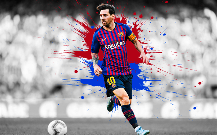 Lionel Messi, 4k, art, Barcelona FC, Argentine football player, striker, football star, blue maroon splashes of paint, grunge art, La Liga, Spain football, Messi