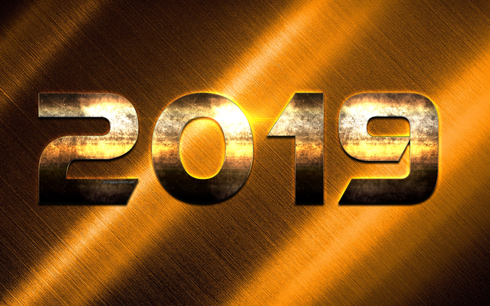 2019 o ano, ouro d&#237;gitos, de metal dourado de fundo, arte criativa, 2019 conceitos, Ano Novo