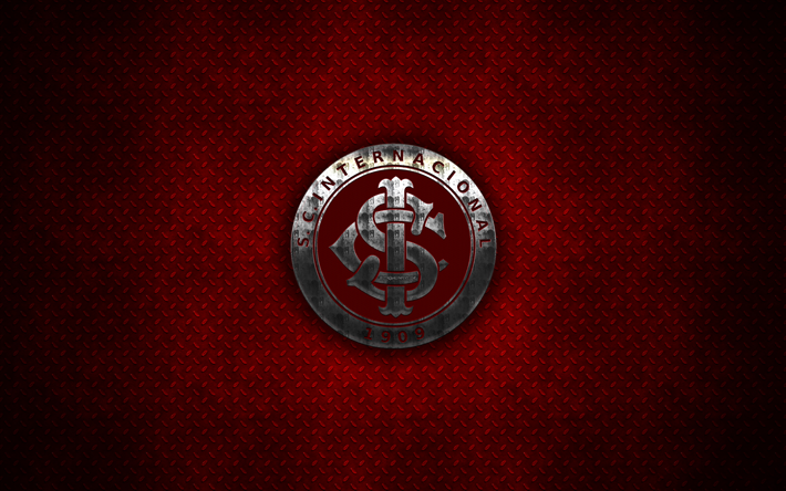 Sport Club Internacional, Entre RS, el Internacional FC, 4k, logo de metal, arte creativo, Brasile&#241;o, club de f&#250;tbol de la Serie a, con el emblema de metal rojo de fondo, Porto Alegre, Brasil, el f&#250;tbol