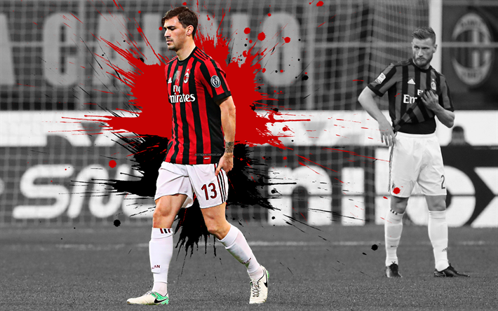 Alessio Romagnoli, 4k, art, AC Milan, puolustaja, Italian jalkapalloilija, punainen musta roiskeet maali, grunge art, Serie, Italia, jalkapallo