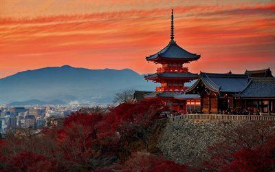 Temple japonais, architecture, coucher de soleil, le soir, Kyoto, Japon