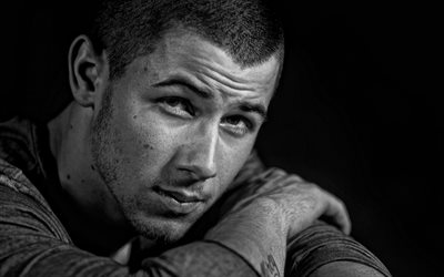 Nick Jonas, amerikansk sk&#229;despelare, portr&#228;tt, photoshoot, svartvitt, amerikanska stj&#228;rnan, Nicholas Jerry Jonas