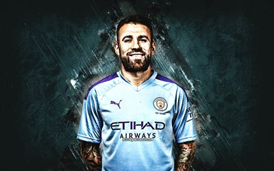 Nicolas Otamendi, Argentinean soccer player, portrait, Manchester City FC, blue stone background, football, Premier League, England