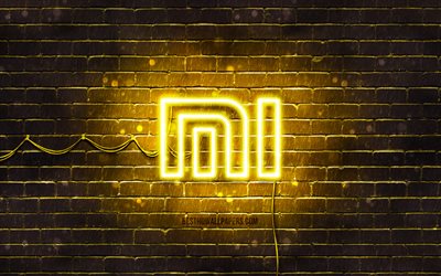 Xiaomi gul logotyp, 4k, gul brickwall, Xiaomi logotyp, varum&#228;rken, Xiaomi neon logotyp, Xiaomi