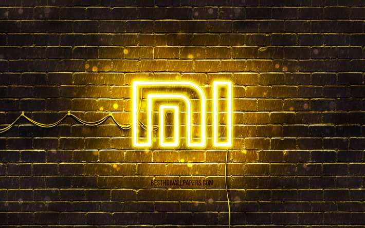Xiaomi keltainen logo, 4k, keltainen brickwall, Xiaomi logo, merkkej&#228;, Xiaomi neon-logo, Xiaomi