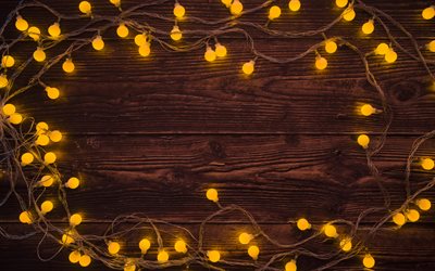 frame of garlands, frame of bright light bulbs, Christmas frame, New Year, wooden boards, Garland, Christmas