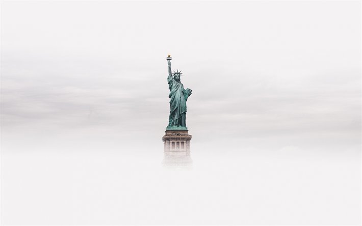 Statue of Liberty, New York, fog, clouds, american national symbol, New York landmark, USA
