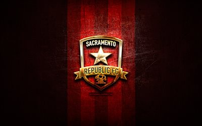 Sacramento Republiken FC, golden logotyp, USL, red metal bakgrund, amerikansk fotboll club, United Soccer League, Sacramento Republiken logotyp, fotboll, USA