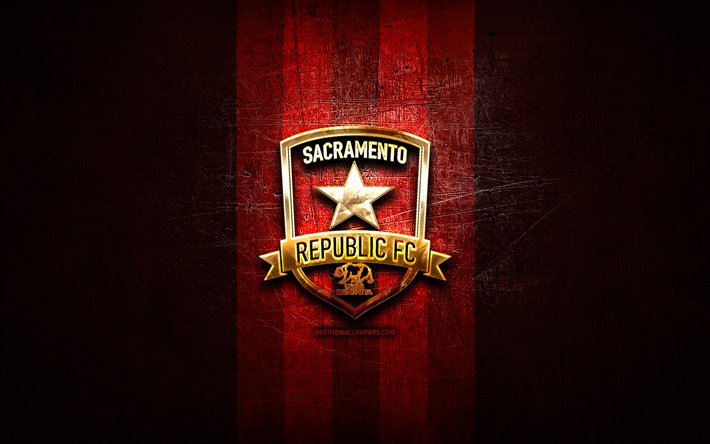 Sacramento Republic FC, golden logo, USL, red metal background, american soccer club, United Soccer League, Sacramento Republic logo, soccer, USA