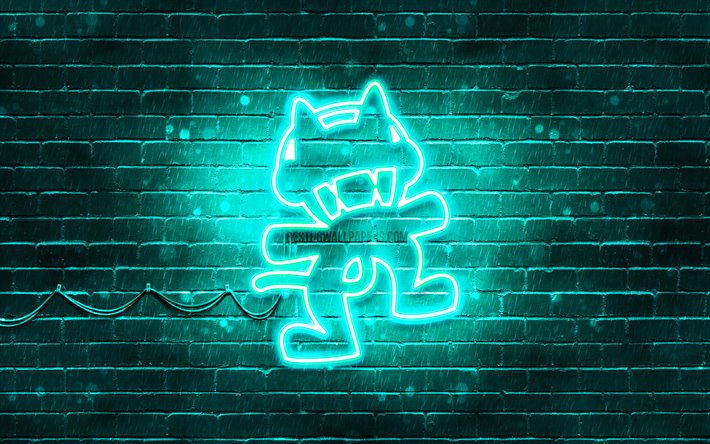 Monstercat turquoise logo, 4k, superstars, turquoise brickwall, Monstercat logo, artwork, music stars, Monstercat neon logo, Monstercat