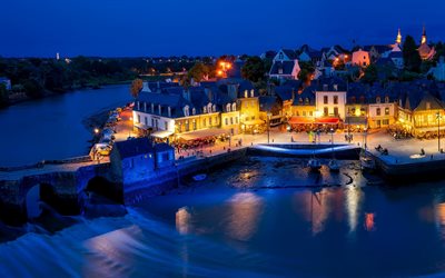 Auray, noite, p&#244;r do sol, paisagem urbana, rio, Fran&#231;a, Brittany, Morbihan