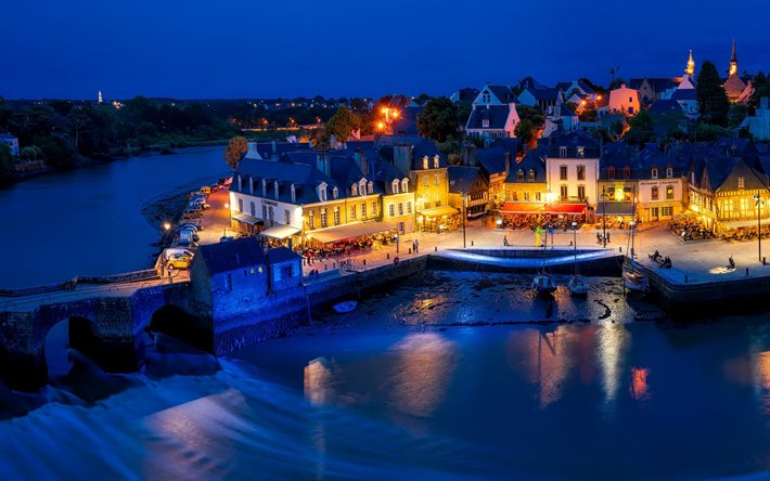 Auray, 夜, 夕日, 町並み, 川, フランス, ブルターニュ, Morbihan