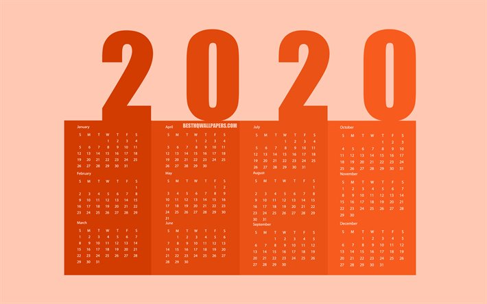 Arancione 2020 Carta Calendario, tutti i mesi, segnalibri 2020 calendario, sfondo arancione, arte creativa, 2020 Calendario