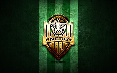 Oklahoma City Energy FC, kultainen logo, USL, vihre&#228; metalli tausta, american soccer club, United Soccer League, Oklahoma City Energy logo, jalkapallo, USA