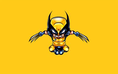 Wolverine, 4k, Logan, sarı arka plan, s&#252;per kahraman, James Howlett, minimal, X-Men, Marvel Comics