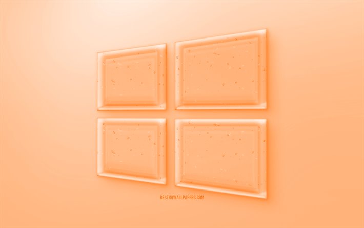 Windows10 3Dロゴ, オレンジ色の背景, オレンジのWindows10のゼリーのロゴ, Windows10のエンブレム, 創作3Dアート, Windows