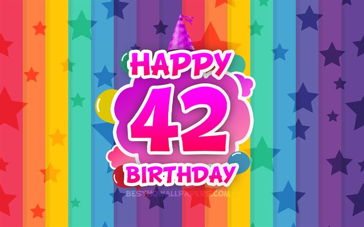 Happy 42nd birthday, colorful clouds, 4k, Birthday concept, rainbow background, Happy 42 Years Birthday, creative 3D letters, 42nd Birthday, Birthday Party, 42nd Birthday Party