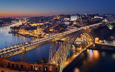 Gaia, Porto, Vila Nova de Gaia, Luis I Ponte, ponte ad arco, sera, tramonto, citt&#224; di Porto, Portogallo
