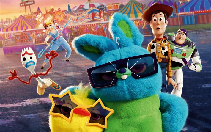 Toy Story 4, 4k, los personajes de reparto, cartel, 2019 pel&#237;cula, 3D-animaci&#243;n de 2019 Toy Story 4