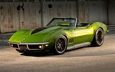 chevrolet corvette, 1969, retro-sportwagen, retro-autos, die gr&#252;ne corvette, amerikanischer sportwagen, chevrolet
