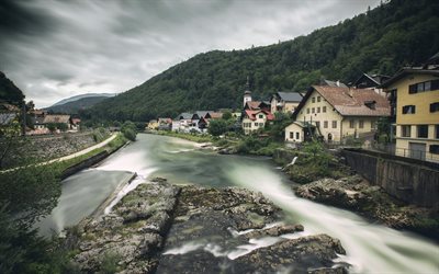 Hallstatt, fiume, foresta, paesaggio di montagna, alberi verdi, Salzkammergut, Austria