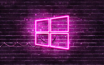 Windows 10 purple logo, 4k, purple brickwall, Windows 10 logo, brands, Windows 10 neon logo, Windows 10