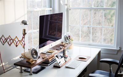 arbetsplats, Apple iMac, &#246;vervaka, smartphone, elegant inredning av kontor, iMac A1418, arbetsplats med dator