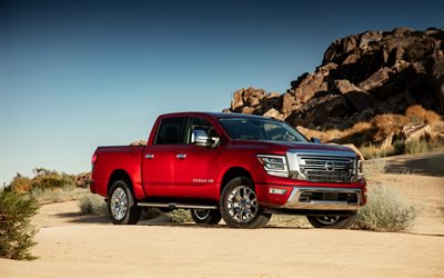 Nissan Titan, 2020, 4x4, front view, exterior, red pickup truck, new red Titan 2020, japanese cars, Nissan