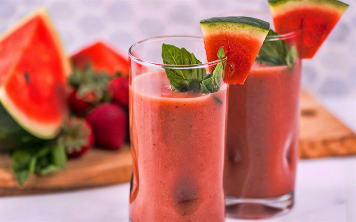 watermelon smoothies, 4k, berries, fruits, breakfast, smoothie in glassful, healthy food, smoothie glasses, watermelon, fruit smoothies, smoothies with watermelon