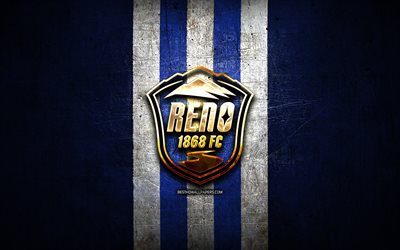 Reno FC, golden logo, USL, blue metal background, american soccer club, United Soccer League, Reno FC logo, soccer, USA
