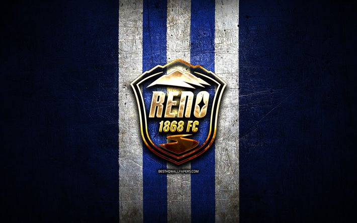 reno fc, golden logo, usl, blau metall-hintergrund, american soccer club, vereinigte fu&#223;ball-liga, reno fc-logo, soccer, usa