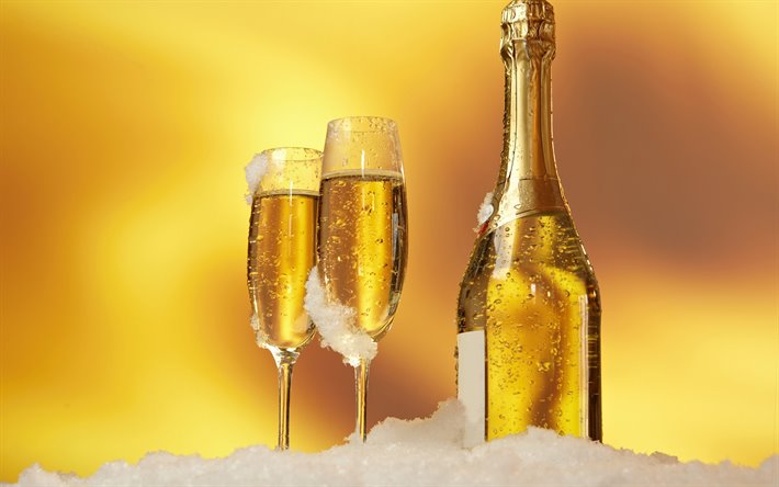 champagne, glasses and a bottle of champagne, snow, golden background, Happy New Year, champagne bottle