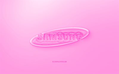 Samsung 3D logo, Vaaleanpunainen tausta, Vaaleanpunainen Samsung jelly logo, Samsung tunnus, luova 3D art, Samsung