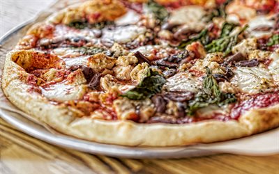 pizza, macro, fast food, pizza ai funghi, pizza con broccoli