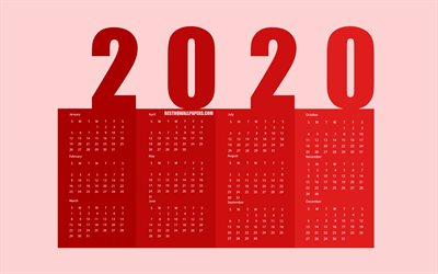 الأحمر 2020 ورقة التقويم, 2020 العناوين التقويم, كل الشهور, خلفية حمراء, 2020 المفاهيم, 2020 التقويم