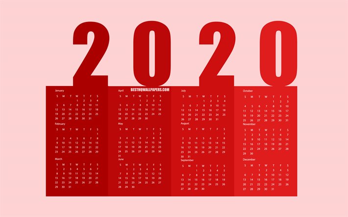 赤2020年までの紙カレンダー, 2020年までのブックマークカレンダー, すべての月, 赤の背景, 2020年までの概念, 2020年のカレンダー