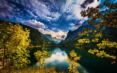 湖Gosau, 4k, 山湖, HDR, 美しい自然, アルプス, オーストリア, 山々, 欧州