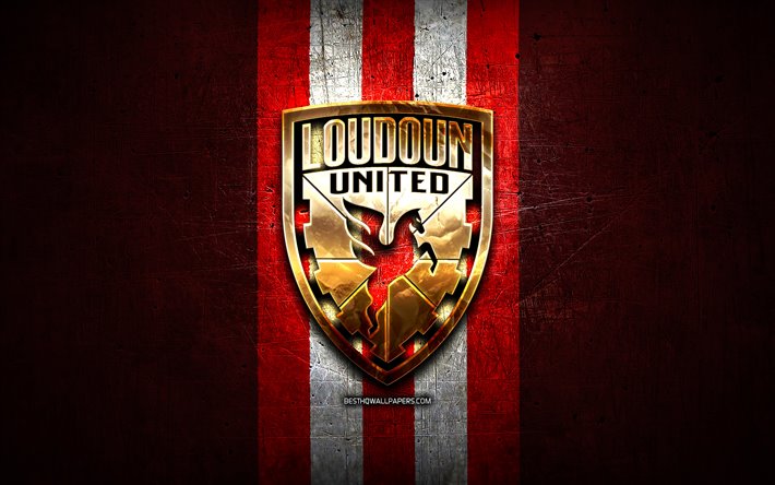 Loudoun United FC, golden logotyp, USL, red metal bakgrund, amerikansk fotboll club, United Soccer League, Loudoun United FC logotyp, fotboll, USA