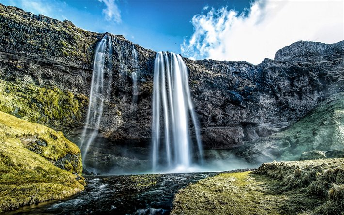 Seljalandsfoss, cachoeira, fal&#233;sias, Isl&#226;ndia, bela natureza, HDR, Europa, Island&#234;s natureza