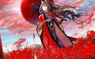 Amagi, Azur Lane, manga, illustration, Azur Voie de personnages, fleurs rouges