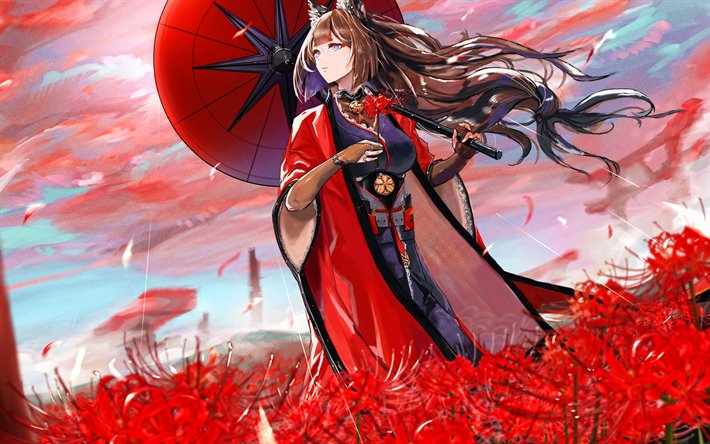 Amagi, Azur Lane, el manga, las ilustraciones, de Azur Carril personajes, flores de color rojo