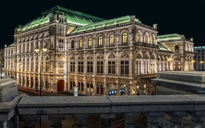 Vienna State Opera, Wien, &#214;sterrikiska opera house, kv&#228;ll, gammal byggnad, landm&#228;rke, &#214;sterrike