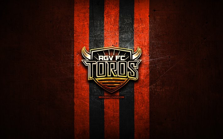 Rio Grande Valley Toros FC, golden logo, USL, orange metal background, american soccer club, United Soccer League, Rio Grande Valley Toros logo, soccer, USA