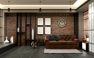 estilo loft interior, marr&#243;n pared de ladrillo, marr&#243;n sof&#225; de cuero, antiguo elegante reloj en la pared, estilo loft sala de estar
