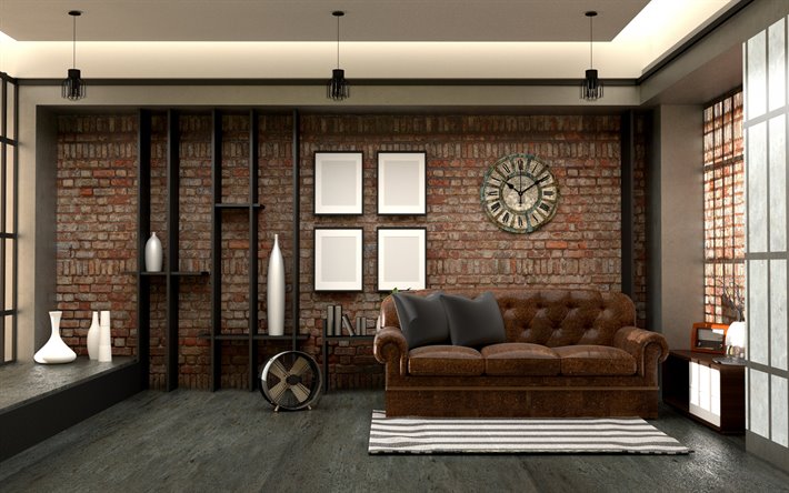duvara loft tarzı i&#231;, kahverengi tuğla duvar, kahverengi deri koltuk, eski şık saat, loft tarzı oturma odası