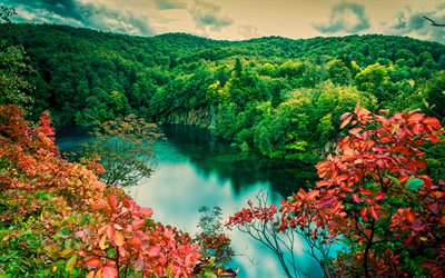 Plitvice G&#246;lleri Milli Parkı, 4k, g&#252;zel bir doğa, sonbahar, şelaleler, HDR, Hırvat yerler, Avrupa, Hırvatistan, Hırvat doğa