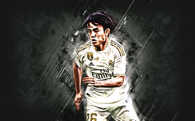 Takefusa Kubo, Real Madrid, Japanese soccer player, attacking midfielder, gray stone background, La Liga, Spain, football